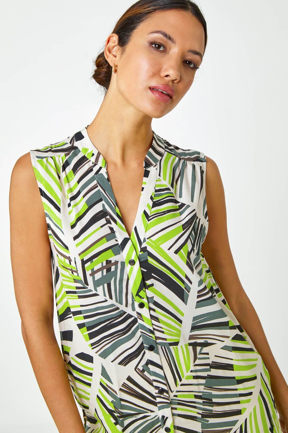 Roman Palm Print Notch Neck Button Tunic Top 10 female