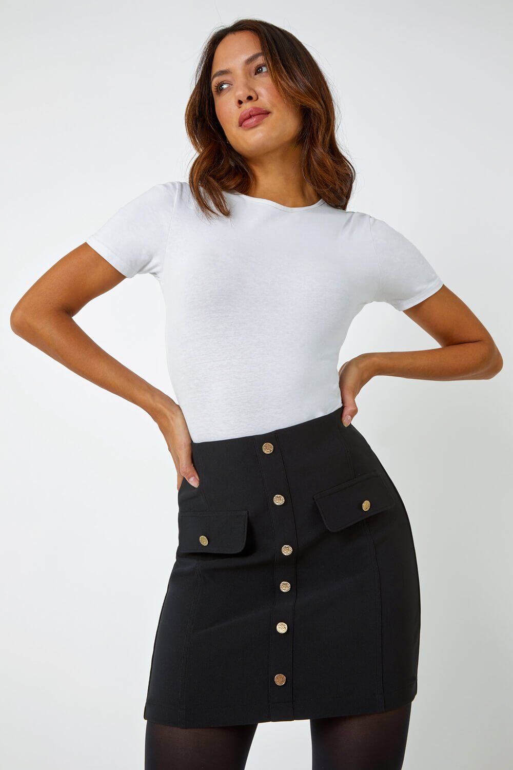 Roman Ribbed Elastic Waist Button A Line Skirt 20 female
