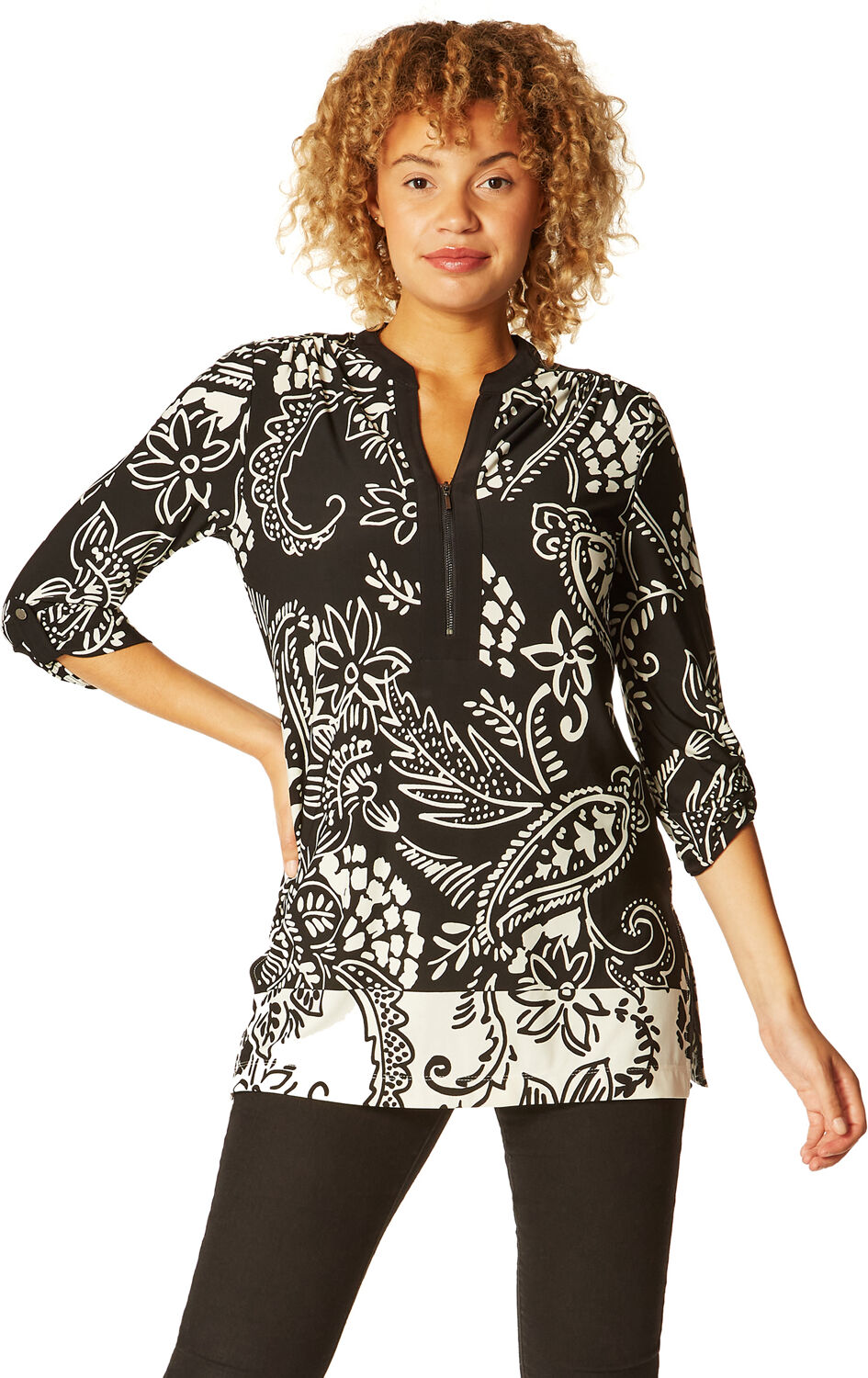 Roman Originals Contrast Paisley Print Zip Detail Top Roman Originals Contrast Paisley Print Zip Detail Top