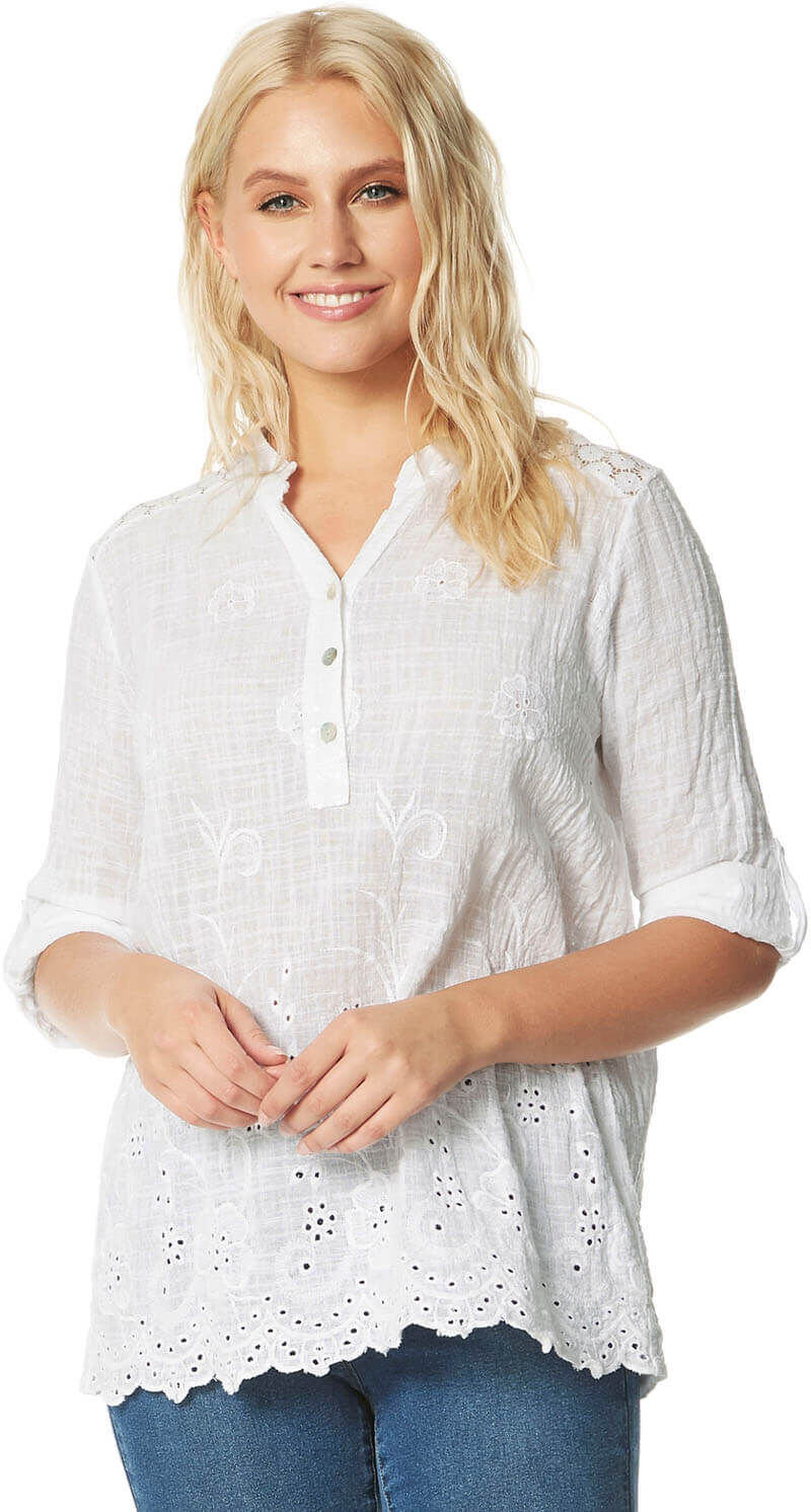 Roman Originals Crochet Embroidered Button Detail Top Roman Originals Crochet Embroidered Button Detail Top