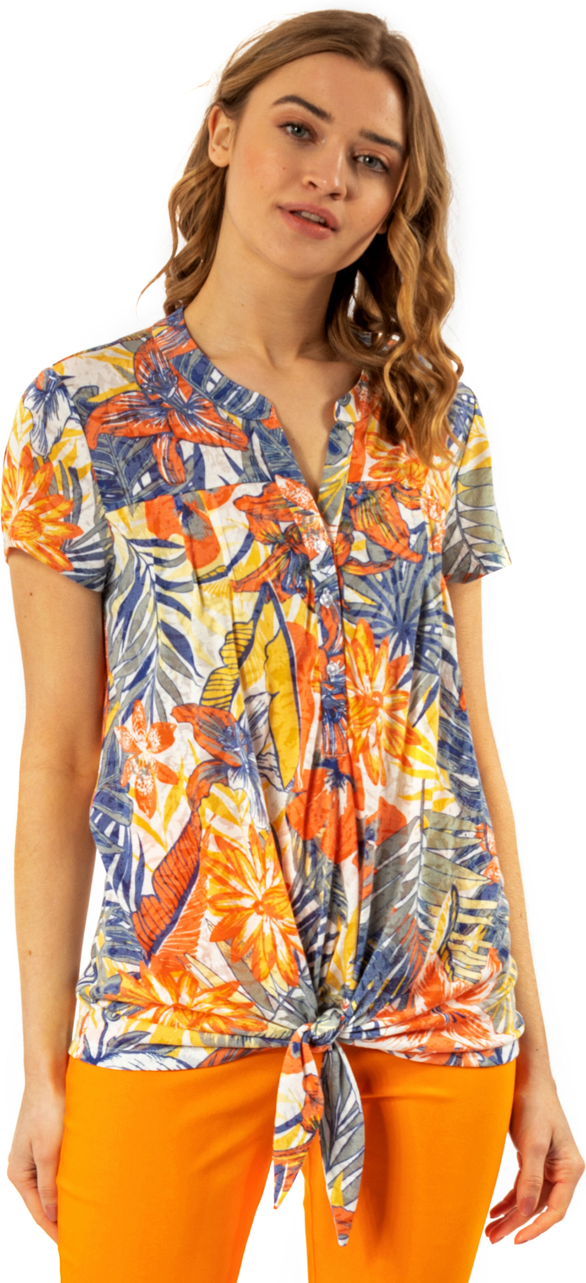 Roman Originals Burnout Tropical Print Tie Front Top Roman Originals Burnout Tropical Print Tie Front Top