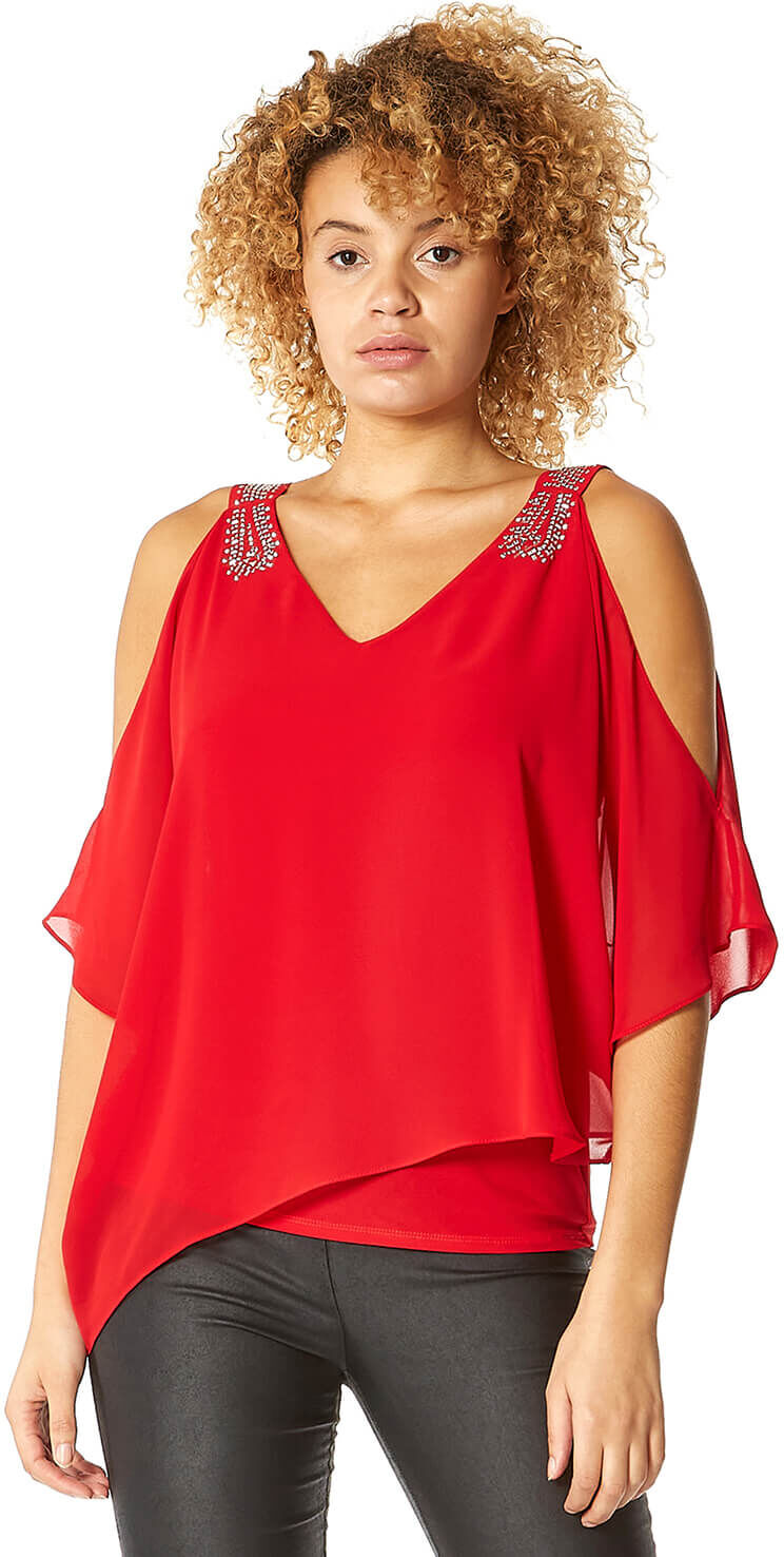 Roman Originals Embellished Cold Shoulder Overlay Top Roman Originals Embellished Cold Shoulder Overlay Top