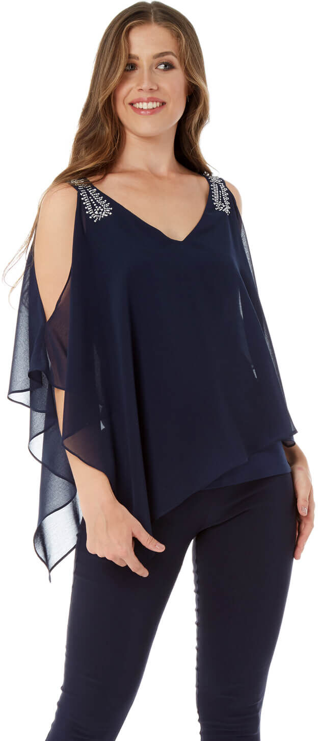 Roman Originals Embellished Cold Shoulder Overlay Top