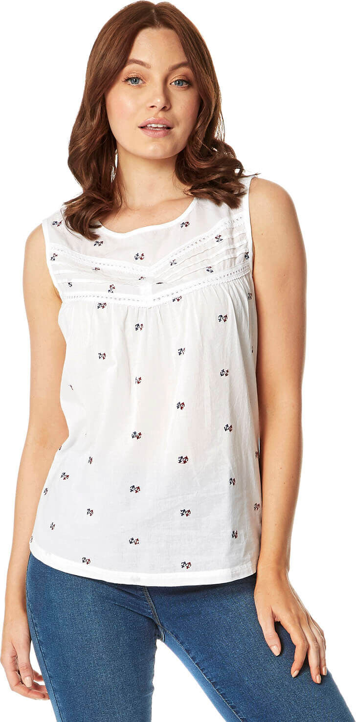 Roman Originals Anchor Embroidered Round Neck Shell Top Roman Originals Anchor Embroidered Round Neck Shell Top
