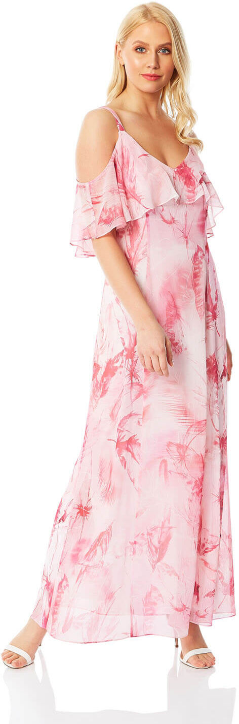 Roman Originals Feather Print Cold Shoulder Maxi Dress Roman Originals Feather Print Cold Shoulder Maxi Dress
