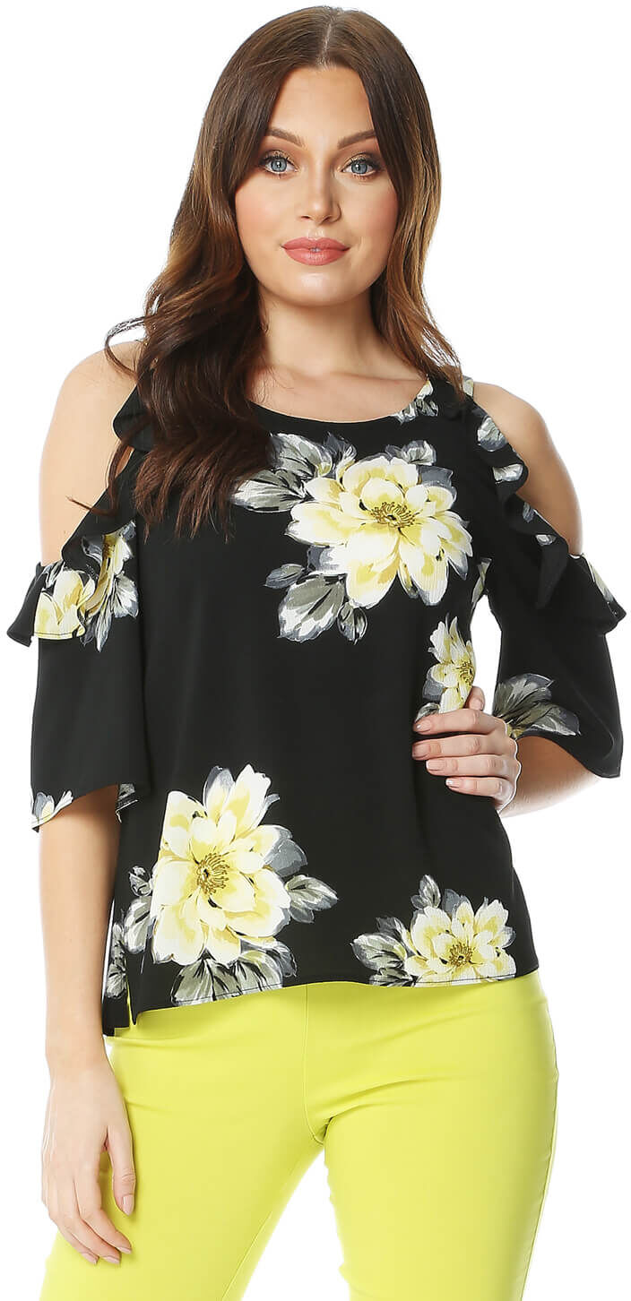 Roman Originals Floral Cold Shoulder Frill Top Roman Originals Floral Cold Shoulder Frill Top
