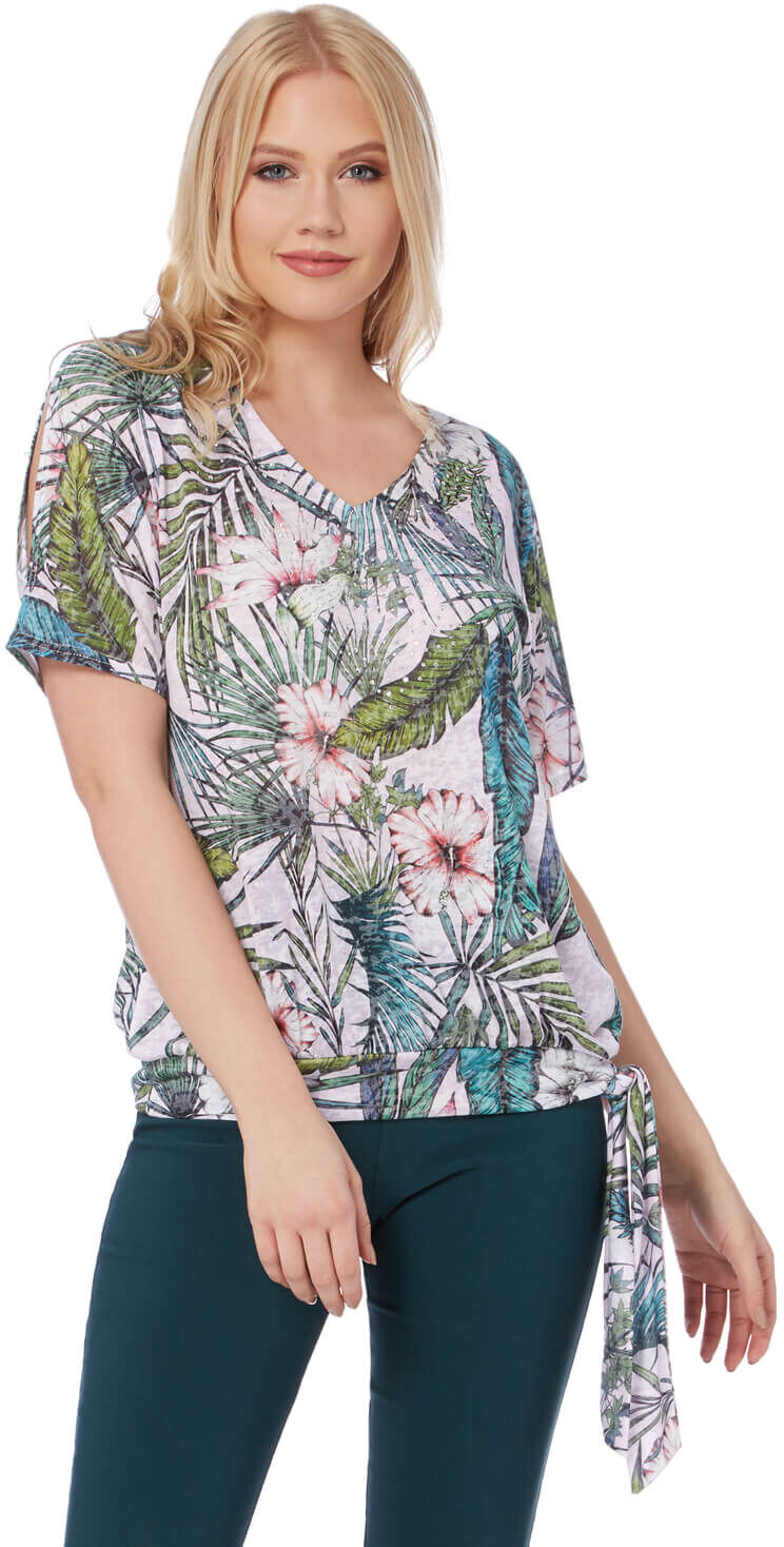 Roman Originals Tropical Print Burnout Top