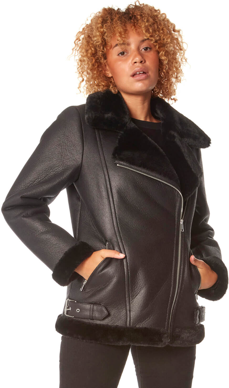 Roman Originals Faux Fur Lined Zip Detail Aviator Jacket