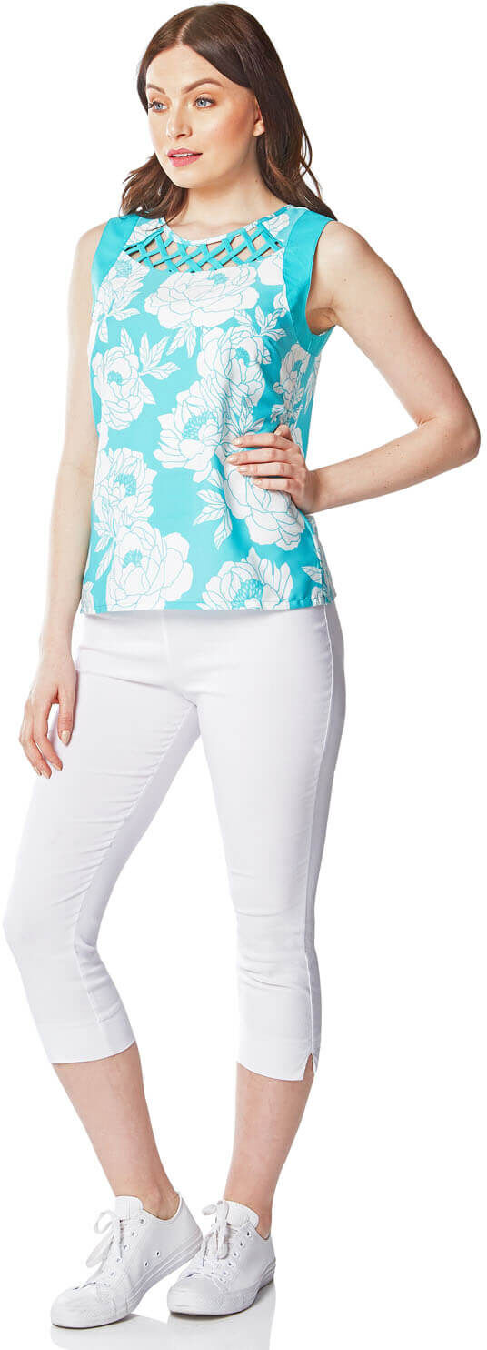 Roman Originals Lattice Neck Rose Print Top