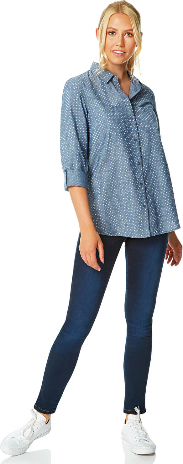 Roman Originals Spot Print Button Through Denim Shirt Roman Originals Spot Print Button Through Denim Shirt