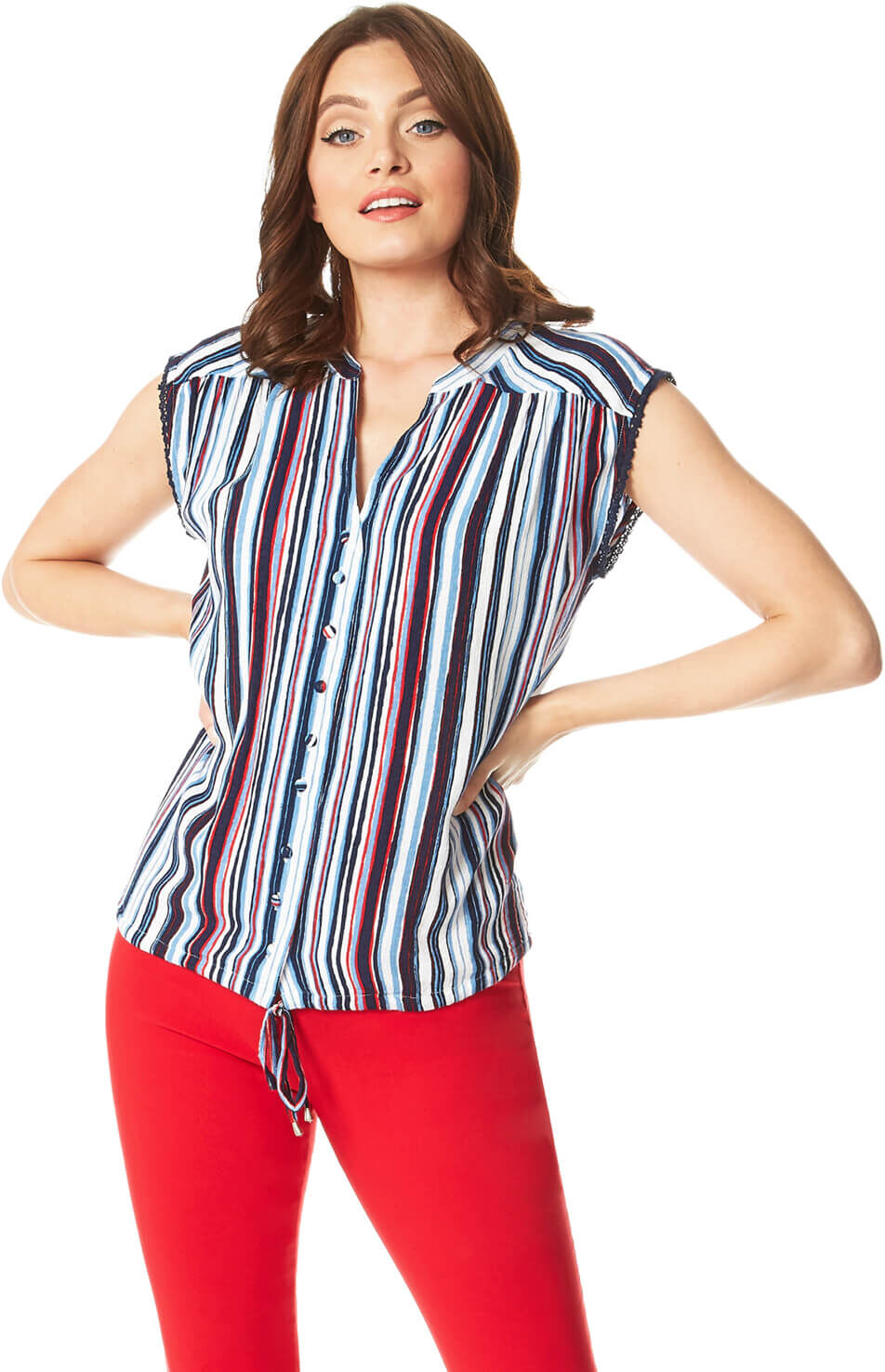 Roman Originals Button Through Stripe Print Blouse Roman Originals Button Through Stripe Print Blouse