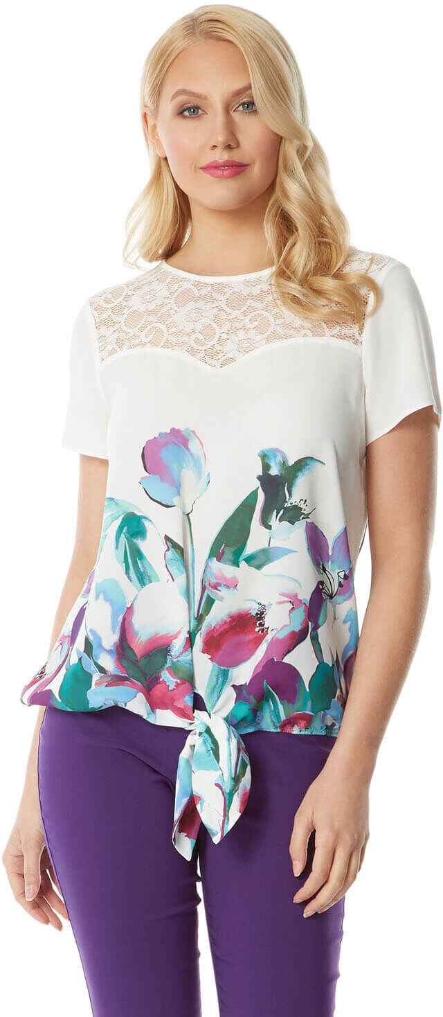 Roman Originals Floral Border Print Tie Front Top Roman Originals Floral Border Print Tie Front Top