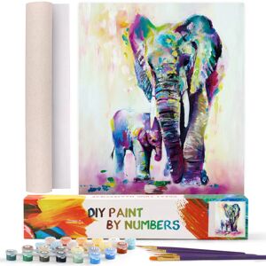 WISKALON Paint by Numbers Animals for Adults Kids DIY Oil Painting by Numbers Kits with 3X Magnifier, Acrylic Paints and Brushes - Colorful Elephant Father and Son 40cm x 50cm (Wooden Framed) - Brand New