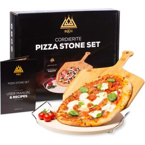 BKC Large Round Pizza Stone Set, Baking Stone with Wooden Pizza Peel, Server Rack, Recipe Book. Oven or BBQ, Make Italian Stone Baked Pizza Bases, Cook Bread & Calzone. Perfect Gift - Brand New