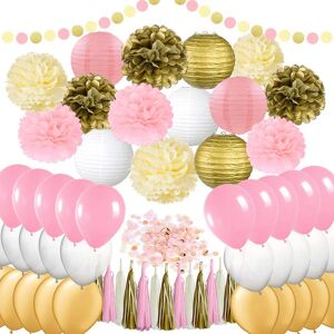 EPIQUEONE 62 pc Party Supplies Kit: Pink, Ivory & Gold Decorations for Birthdays, Bachelorette, Engagement, Bridal & Baby Showers -Pom Poms, Lanterns, Latex Balloons, Tassels, Confetti & Garland - Brand New