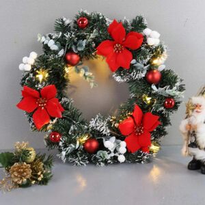 Mrinb Christmas Wreaths for Front Door with Lights, Pre-Lit Christmas Wreath Garlands with Battery Powered Christmas Door Wreaths Hanging Garland Indoor Outdoor Christmas Decorations Red-40cm/16 inch - Brand New