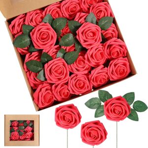 Sumind Artificial Foam Rose Flowers Vintage Fake Roses DIY Bouquets Boutonnieres with Leaves and Stems for Wedding Bridal Shower Banquet Party Centerpieces Decor (Coral Red,50 Pieces) - Brand New