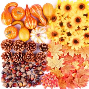 FEPITO 156 Pcs Fall Thanksgiving Decorations, Mini Artificial Pumpkins, Pine Cones, Fall Leaves, Acorns，Sun Flowers and Red Berries for Fall Party Decorations Thanksgiving Party Supplies - Brand New