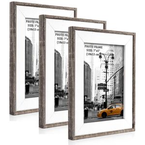 Metrekey 7x5 Photo Frames 3 Pack Grey Woodgrain Picture Frame with High Definition Glass for Desktop Display and Wall Mounting - Brand New