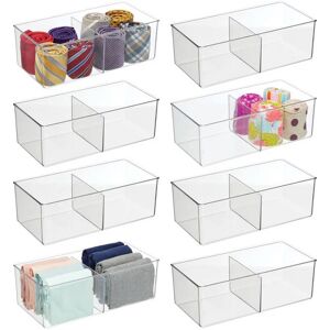 mDesign Storage Box with 2 Compartments - Practical Clothing Storage Box for The Bedroom - Makeup, Accessories and Clothes Organiser - Set of 8 - Clear - Brand New