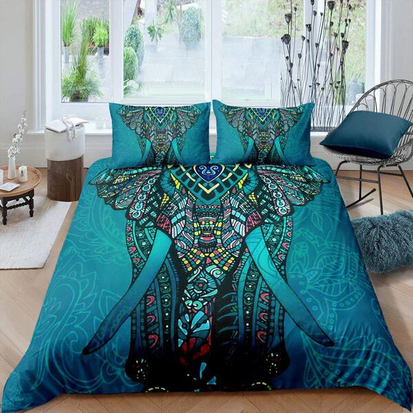 Loussiesd Elephant 3D Print Bedding Set 2 pieces Comforter Cover Indian Ethnic Style Mandala Flowers Duvet Cover Boho Exotic Soft Microfibre Bedding Set with 1 Pillowcases, Colorful, Zipper - Green,Single - Brand New