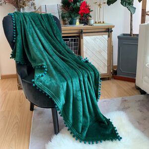 LOMAO Pom Pom Throw Blanket, Soft Fleece Pompom Fringe Blanket for Couch Bed Sofa   Decorative Cozy Plush Warm Flannel Velvet Tassel Flannel Blanket (Green, 130 * 160) - Brand New