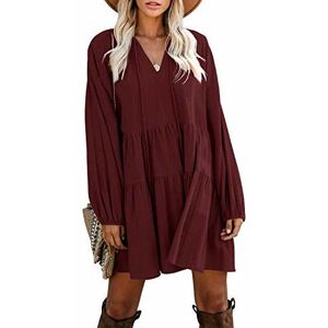 YOINS Women Mini Dresses Long Sleeve V Neck Dresses Loose Fit Tunic Casual Dresses Zip Summer Dress Beachwear Sundresses Wine Red L - Brand New