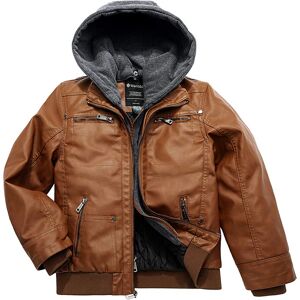 Wantdo Boy's Faux Leather Jacket Zipper Windproof Coat with Removable Hood Matte Texture Overcoat Brown 128-134 7-9 Years - Brand New