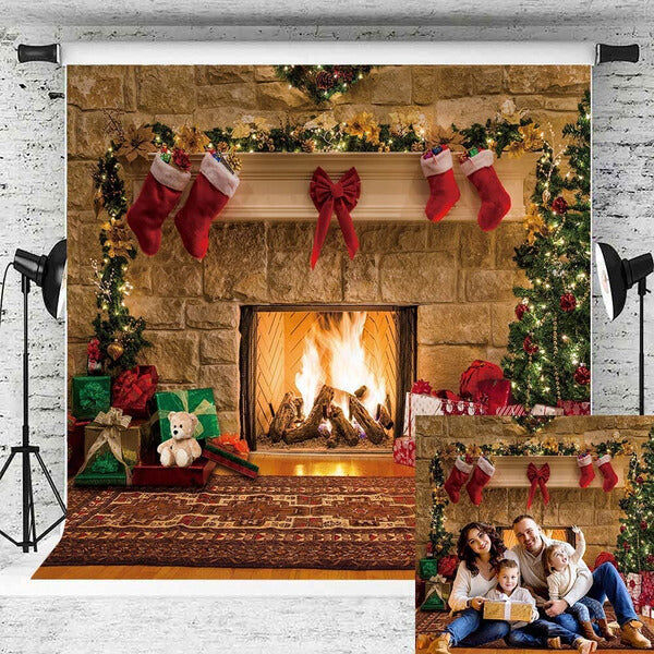 BUTEN Fireplace Christmas Backdrop Vintage Carpet Xmas Tree Photography Background Child Family Christmas Photo Booth 8X8FT - Brand New