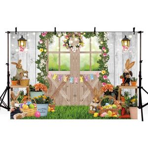 RUYI Spring Easter Barn Backdrop 8x6FT Garden Floral Rabbit Eggs Green Grass Rustic Wooden Photography Background Easter Party Decoration for Baby Shower Baby Portrait Photo Booth Props - Brand New