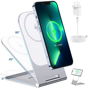 XIMU Magnetic Wireless Charger Compatible with Mag-safe Charger, 15W Foldable Fast Wireless Charging Stand Compatible for iPhone 13/13 Pro/13 Pro Max/12/12 Pro - Silver (with 20W Charger) - Brand New