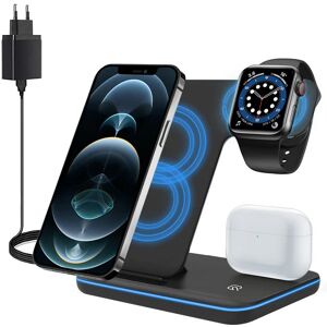 Wireless Charger, ZHIKE 3 in 1 Qi-Certified 15W Fast Charging Station (UK Plug) for Smartphone, Watch Series 6/5/4/3/2/1,TWS earphone,Wireless Charging Stand - Brand New