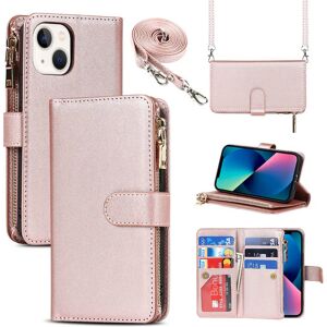 SailorTech Leather Case Crossbody Case for iPhone 13 Flip Case Folio Cover with Card Slots Magnetic Buckle Zipper Wallet Case with Adjustable Necklace Strap Lanyard Cases Rose Gold - Brand New