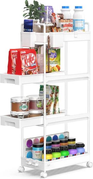 SPACEKEEPER Storage Trolley 4-Tier Rolling Utility Cart Storage Shelf on Wheels Multi-purpose Drawable Shelving Organizer for Office, Kitchen, Bathroom, Laundry Room, White - Brand New