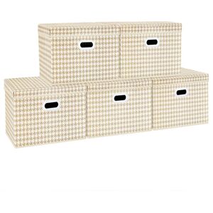 TYEERS Collapsible Large Storage Box with Lid, Patterns, Fabric Storage Box for Clothes Storage, Wardrobe Storage, 44x30x29 cm, Set of 5, Beige - Brand New