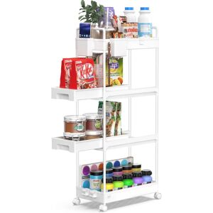 SPACEKEEPER Storage Trolley 4-Tier Rolling Utility Cart Storage Shelf on Wheels Multi-purpose Drawable Shelving Organizer for Office, Kitchen, Bathroom, Laundry Room, White - Brand New