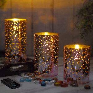 M Mirrowing Pink Mercury Glass Flameless Candles, Flickering Flameless Led Candles, Flameless Pillar Candles in Glass Holder, Set of 3(D3” x H4”5”6”) Candles, with Remote & Timer, Battery Operated - Brand New