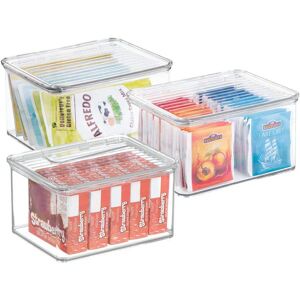 mDesign Storage Boxes with Lid - Set of 3 - Ideal Kitchen and Refrigerator Boxes - Practical Plastic Household Boxes for Tables and Cabinets - Clear - Brand New