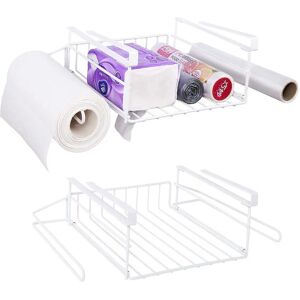 Ezprotekt Ezprotek Under Shelf Basket, 2 Pack Metal Wire Under Cabinet Organizer With Paper Holder Plastic Wraps Shelf, Hanging Storage Baskets for Kitchen Pantry Office Bathroom, White - Brand New