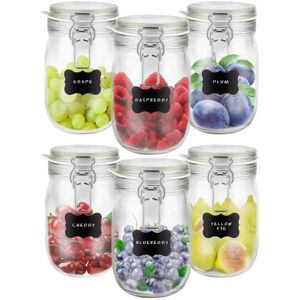 Creative Labs Home 6 x 1L Glass Jars with Clip Lids Storage Set   1000ml   Airtight Food Storage containers   Kitchen Container Preserving Jar Sweets Flour Pasta   8 Reusable Stickers & 1 Anti-Dust Chalk - Brand New