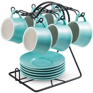 Prevve Espresso Cups with Saucers with Metal Stand, Ceramic Coffee Cups Gifts Set 4 oz (120ml) Set of 6, Porcelain Cappuccino Cups for Coffee Drinks, Turquoise Blue - Brand New