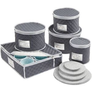 mDesign Set of 5 Quilted Plate Protectors - Round Crockery Storage for 12-Person Dinner Services - Plate Storage with Felt Protection - Navy Blue/Grey - Brand New