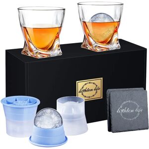 LIGHTEN LIFE Whiskey Glass Set-2 Crystal Bourbon Glass,2 Ice Molds & 2 Coasters in Gift Box,Non-Lead Old Fashioned Glass for Bourbon Scotch,Whiskey Rock Glasses with Ice Mold Whiskey Gift Set for Men - Brand New