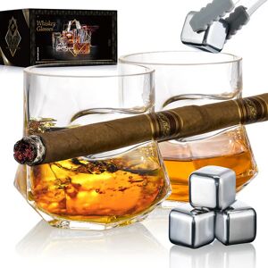 NEW PACIFIC YOUYAH YouYah Cigar Whiskey Glasses with Cigar Holder-Set of 2,Cigar Accessories,Crystal Glass with 4 Ice Cubes,Tong & Indented Cigar Rest,Rocks Glass,for Brandy,Cocktail,Vodka,Gifts for Men - Brand New