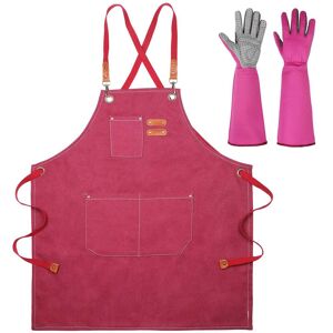 Neer Set of 2 Cooking Aprons Gloves for Women Canvas Apron with Pockets Long Leather Gloves Kitchen Cross Back Apron Red Gardening Gifts for Wife Grandmother - Brand New
