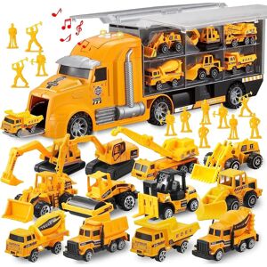 JOYIN 14 in 1 Die-cast Construction Truck Vehicle Toy Set, Play Vehicles Set with Sounds and Lights in Carrier Truck, Push and Go Vehicle Car Toy, Kids Birthday Gifts for Over 3 Years Old Boys - Brand New