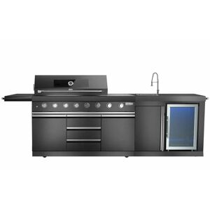 Blakesley’s Maze Linear Outdoor Kitchen 6 Burner - With Sink & Single Fridge - Stainless Steel - Black Satin