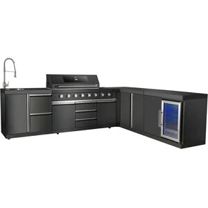 Blakesley’s Maze - Corner Outdoor Kitchen 6 Burner - With Sink & Single Fridge - Stainless Steel - Black Satin