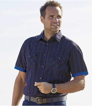 Atlas for Men Men's Navy Checked Poplin Shirt - Short Sleeves  - CHECKED - Size: S Atlas for Men Men's Navy Checked Poplin Shirt - Short Sleeves  - CHECKED - Size: S