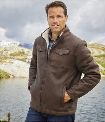 Atlas for Men Men’s Brown Sherpa-Lined Faux Suede Jacket - Full Zip  - BROWN - Size: S Atlas for Men Men’s Brown Sherpa-Lined Faux Suede Jacket - Full Zip  - BROWN - Size: S